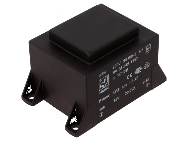 Transformator: ingegoten; 20VA; 230VAC; 12V; 1667mA; PCB; BVEI Transformator: ingegoten; 20VA; 230VAC; 12V; 1667mA; PCB; BVEI